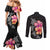 Hawaiian Hibiscus Turtle Tribal Polynesian Pattern Couples Matching Mermaid Dress and Long Sleeve Button Shirt Black Color
