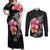 Hawaiian Hibiscus Turtle Tribal Polynesian Pattern Couples Matching Off Shoulder Maxi Dress and Long Sleeve Button Shirt Black Color