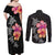 Hawaiian Hibiscus Turtle Tribal Polynesian Pattern Couples Matching Off Shoulder Maxi Dress and Long Sleeve Button Shirt Black Color