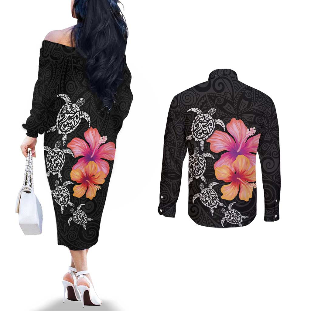 Hawaiian Hibiscus Turtle Tribal Polynesian Pattern Couples Matching Off The Shoulder Long Sleeve Dress and Long Sleeve Button Shirt Black Color