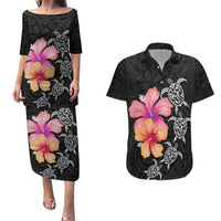 Hawaiian Hibiscus Turtle Tribal Polynesian Pattern Couples Matching Puletasi and Hawaiian Shirt Black Color