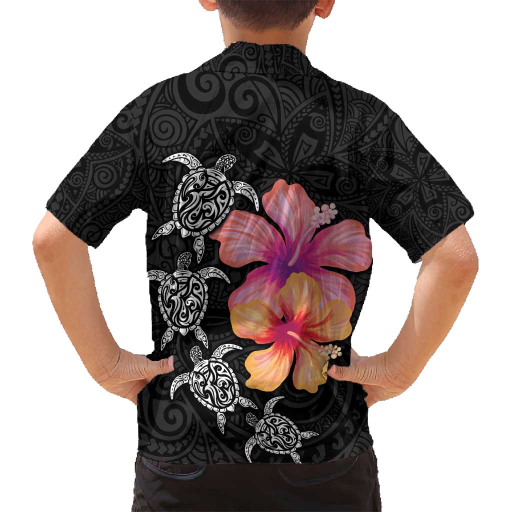 Hawaiian Hibiscus Turtle Tribal Polynesian Pattern Family Matching Long Sleeve Bodycon Dress and Hawaiian Shirt Black Color LT03 - Polynesian Pride