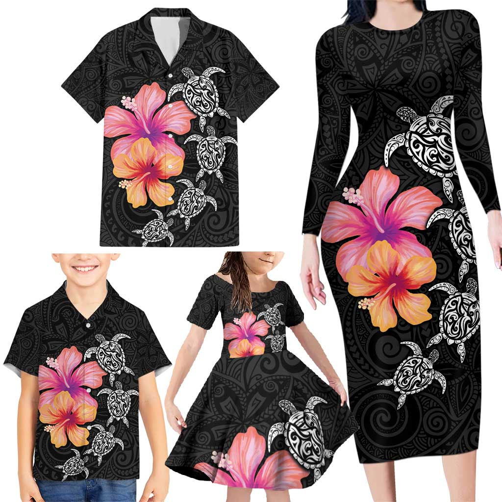 Hawaiian Hibiscus Turtle Tribal Polynesian Pattern Family Matching Long Sleeve Bodycon Dress and Hawaiian Shirt Black Color LT03 - Polynesian Pride