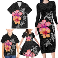 Hawaiian Hibiscus Turtle Tribal Polynesian Pattern Family Matching Long Sleeve Bodycon Dress and Hawaiian Shirt Black Color LT03 - Polynesian Pride