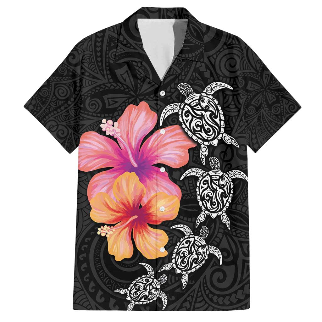 Hawaiian Hibiscus Turtle Tribal Polynesian Pattern Family Matching Long Sleeve Bodycon Dress and Hawaiian Shirt Black Color LT03 Dad's Shirt - Short Sleeve Black - Polynesian Pride