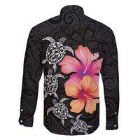Hawaiian Hibiscus Turtle Tribal Polynesian Pattern Family Matching Long Sleeve Bodycon Dress and Hawaiian Shirt Black Color LT03 - Polynesian Pride