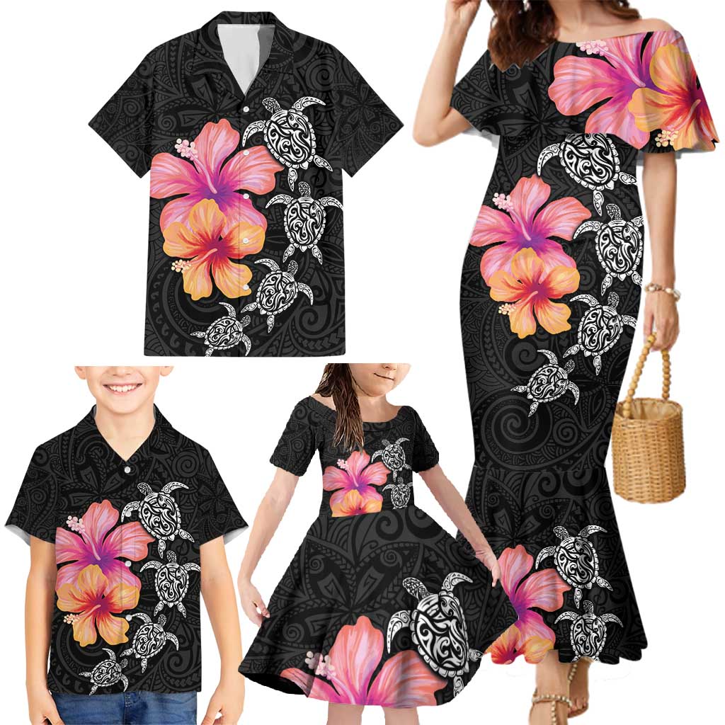 Hawaiian Hibiscus Turtle Tribal Polynesian Pattern Family Matching Mermaid Dress and Hawaiian Shirt Black Color LT03 - Polynesian Pride