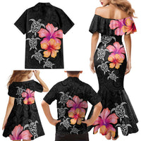 Hawaiian Hibiscus Turtle Tribal Polynesian Pattern Family Matching Mermaid Dress and Hawaiian Shirt Black Color LT03 - Polynesian Pride
