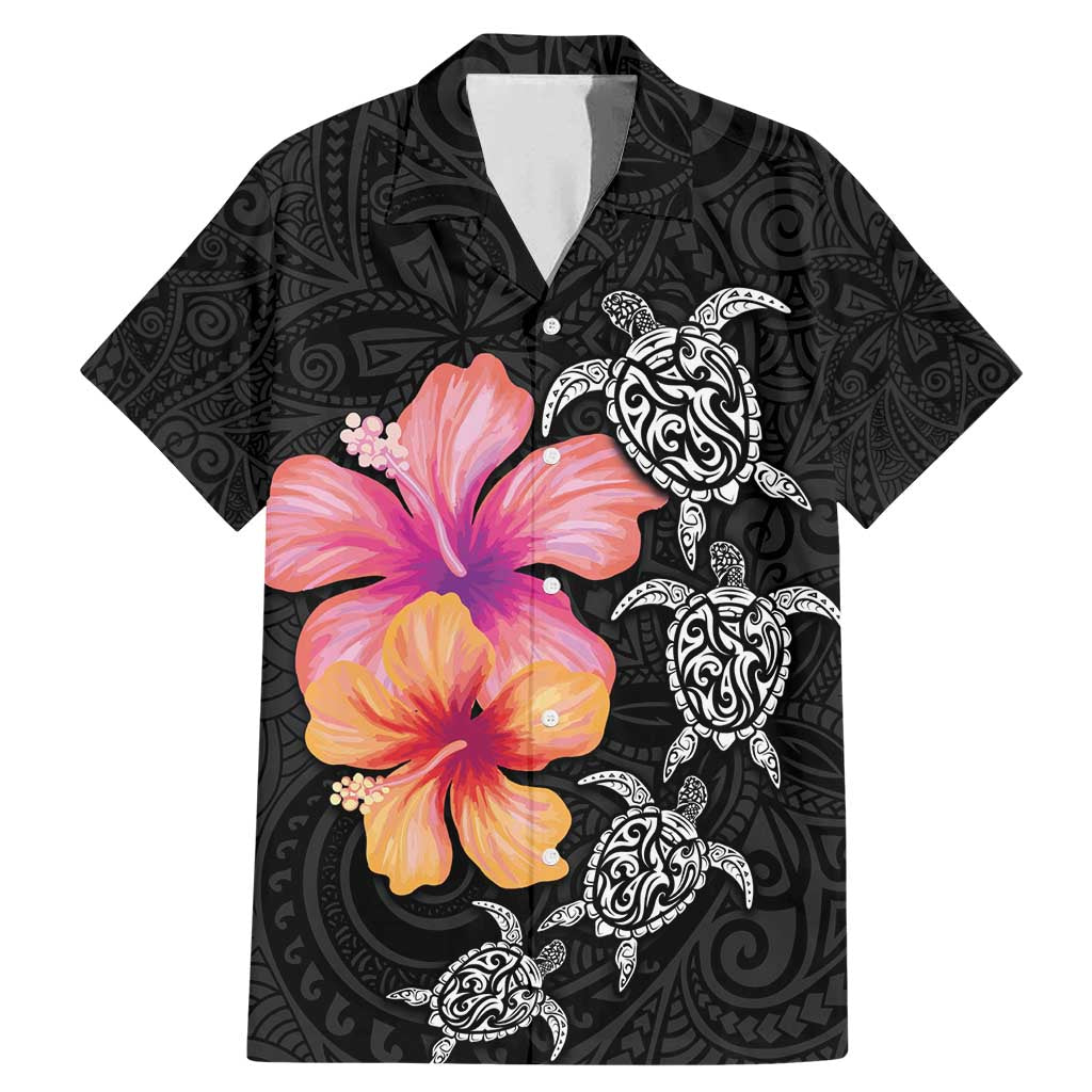 Hawaiian Hibiscus Turtle Tribal Polynesian Pattern Family Matching Mermaid Dress and Hawaiian Shirt Black Color LT03 Dad's Shirt - Short Sleeve Black - Polynesian Pride