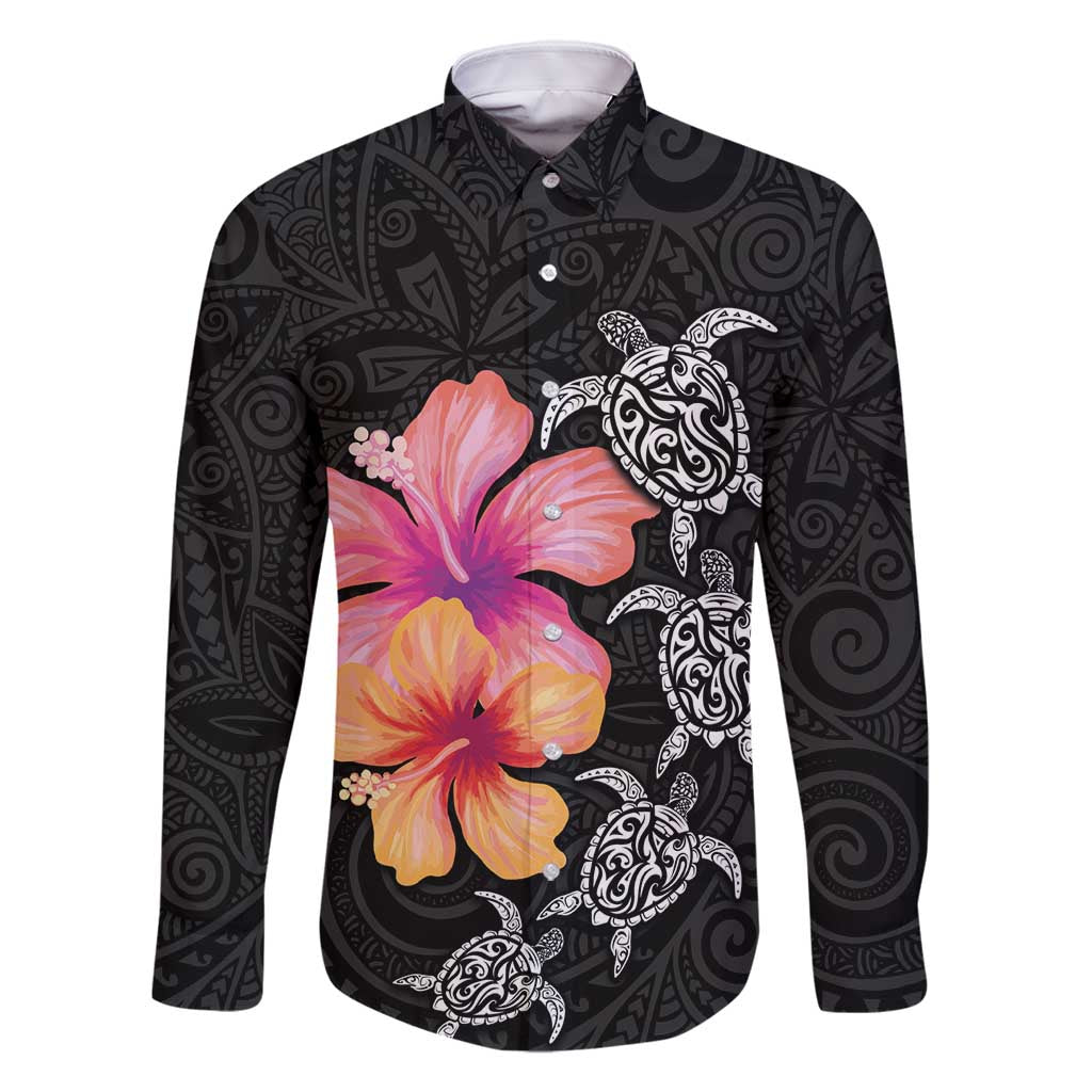 Hawaiian Hibiscus Turtle Tribal Polynesian Pattern Family Matching Mermaid Dress and Hawaiian Shirt Black Color LT03 Dad's Shirt - Long Sleeve Black - Polynesian Pride