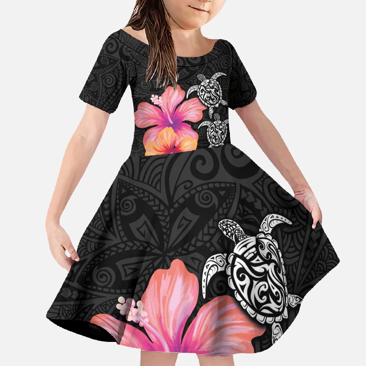 Hawaiian Hibiscus Turtle Tribal Polynesian Pattern Family Matching Off The Shoulder Long Sleeve Dress and Hawaiian Shirt Black Color LT03 Daughter's Dress Black - Polynesian Pride