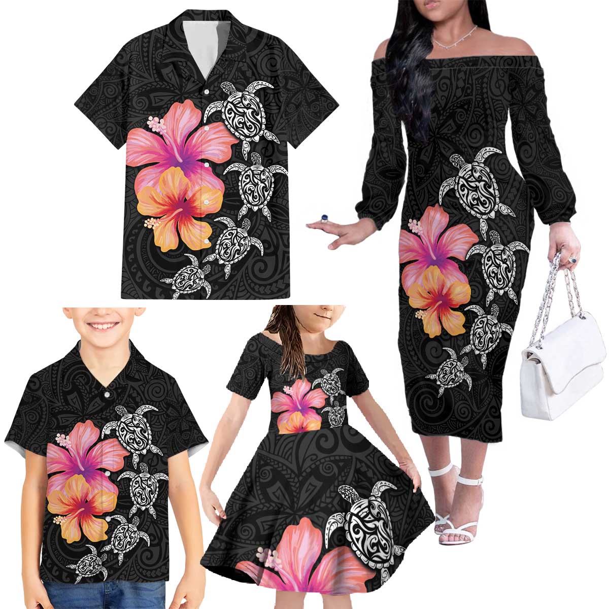 Hawaiian Hibiscus Turtle Tribal Polynesian Pattern Family Matching Off The Shoulder Long Sleeve Dress and Hawaiian Shirt Black Color LT03 - Polynesian Pride