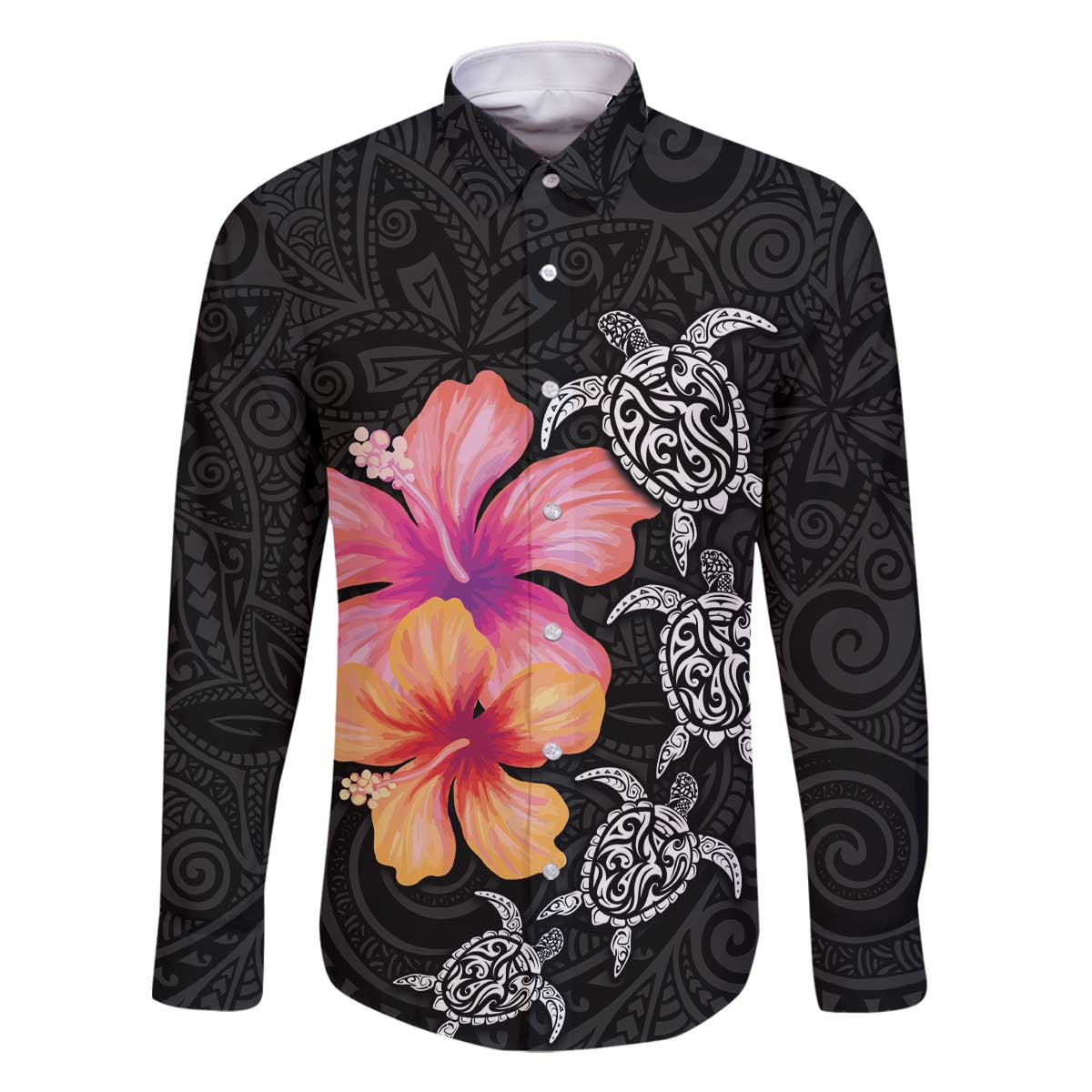 Hawaiian Hibiscus Turtle Tribal Polynesian Pattern Family Matching Off The Shoulder Long Sleeve Dress and Hawaiian Shirt Black Color LT03 Dad's Shirt - Long Sleeve Black - Polynesian Pride