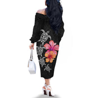 Hawaiian Hibiscus Turtle Tribal Polynesian Pattern Family Matching Off The Shoulder Long Sleeve Dress and Hawaiian Shirt Black Color LT03 - Polynesian Pride