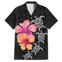 Hawaiian Hibiscus Turtle Tribal Polynesian Pattern Family Matching Off Shoulder Maxi Dress and Hawaiian Shirt Black Color