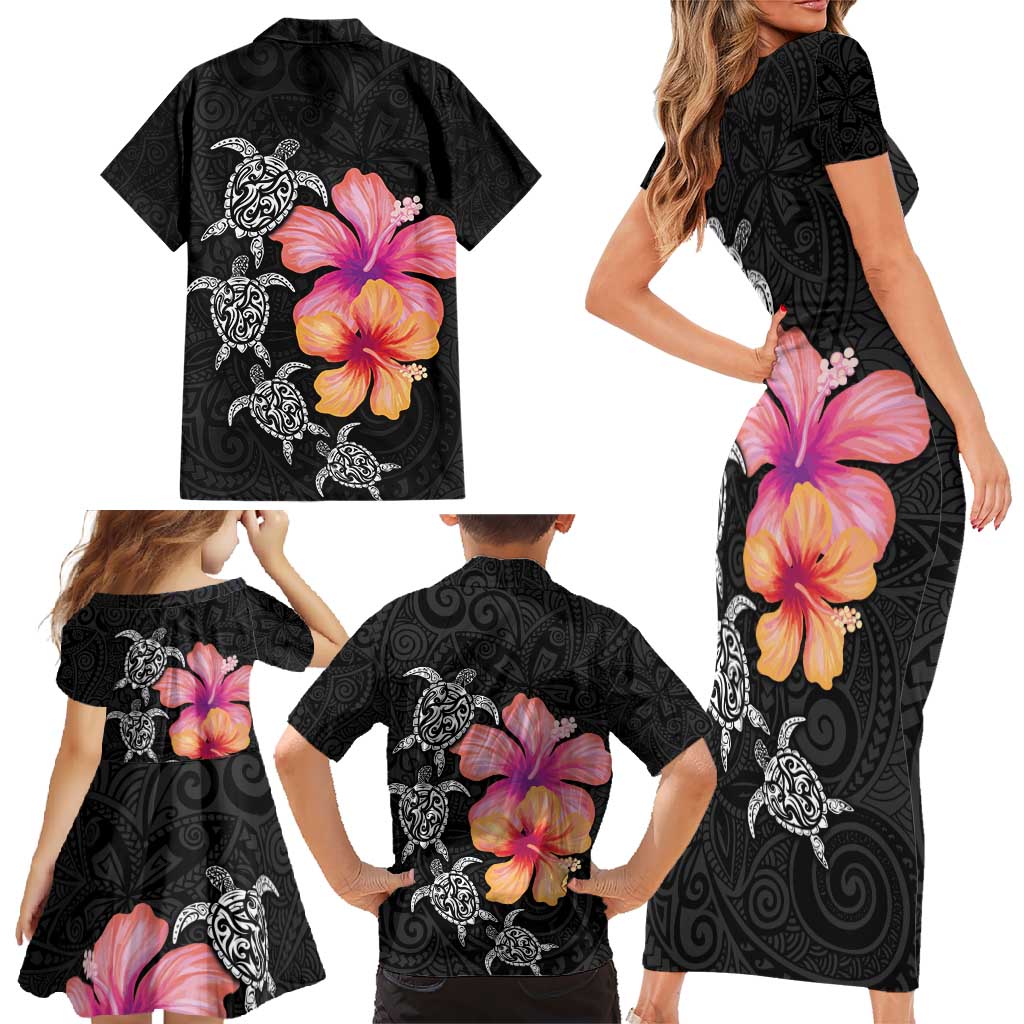 Hawaiian Hibiscus Turtle Tribal Polynesian Pattern Family Matching Short Sleeve Bodycon Dress and Hawaiian Shirt Black Color LT03 - Polynesian Pride
