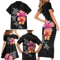 Hawaiian Hibiscus Turtle Tribal Polynesian Pattern Family Matching Short Sleeve Bodycon Dress and Hawaiian Shirt Black Color LT03 - Polynesian Pride