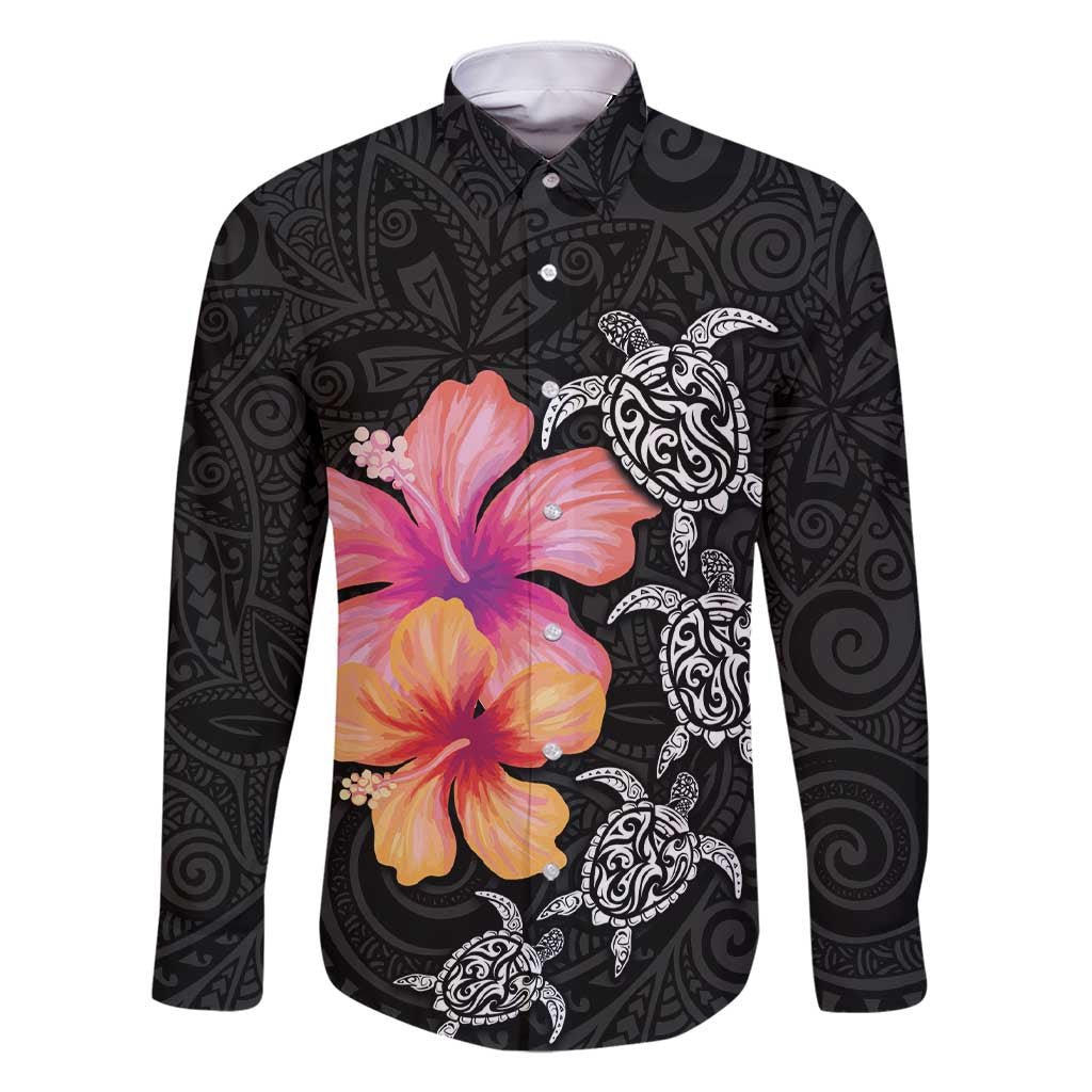 Hawaiian Hibiscus Turtle Tribal Polynesian Pattern Family Matching Short Sleeve Bodycon Dress and Hawaiian Shirt Black Color LT03 Dad's Shirt - Long Sleeve Black - Polynesian Pride