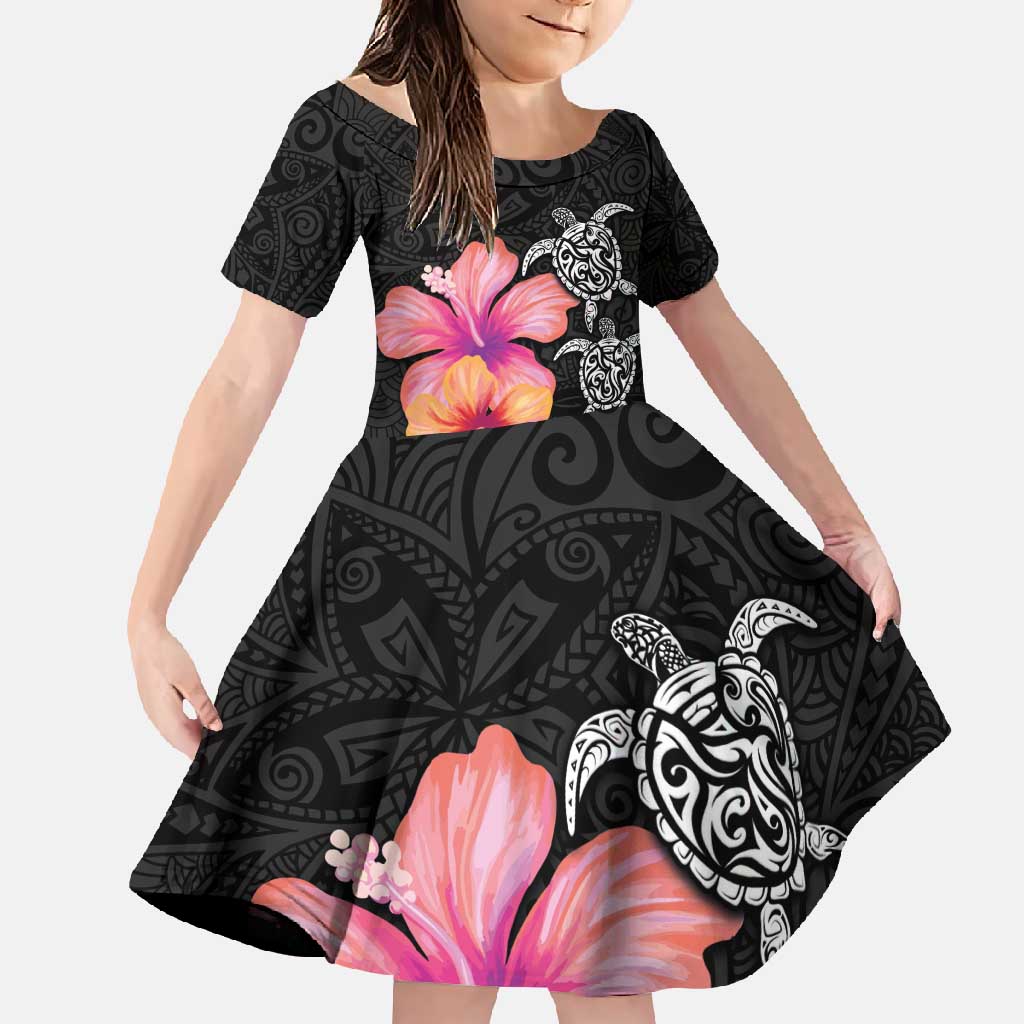 Hawaiian Hibiscus Turtle Tribal Polynesian Pattern Family Matching Tank Maxi Dress and Hawaiian Shirt Black Color LT03 Daughter's Dress Black - Polynesian Pride