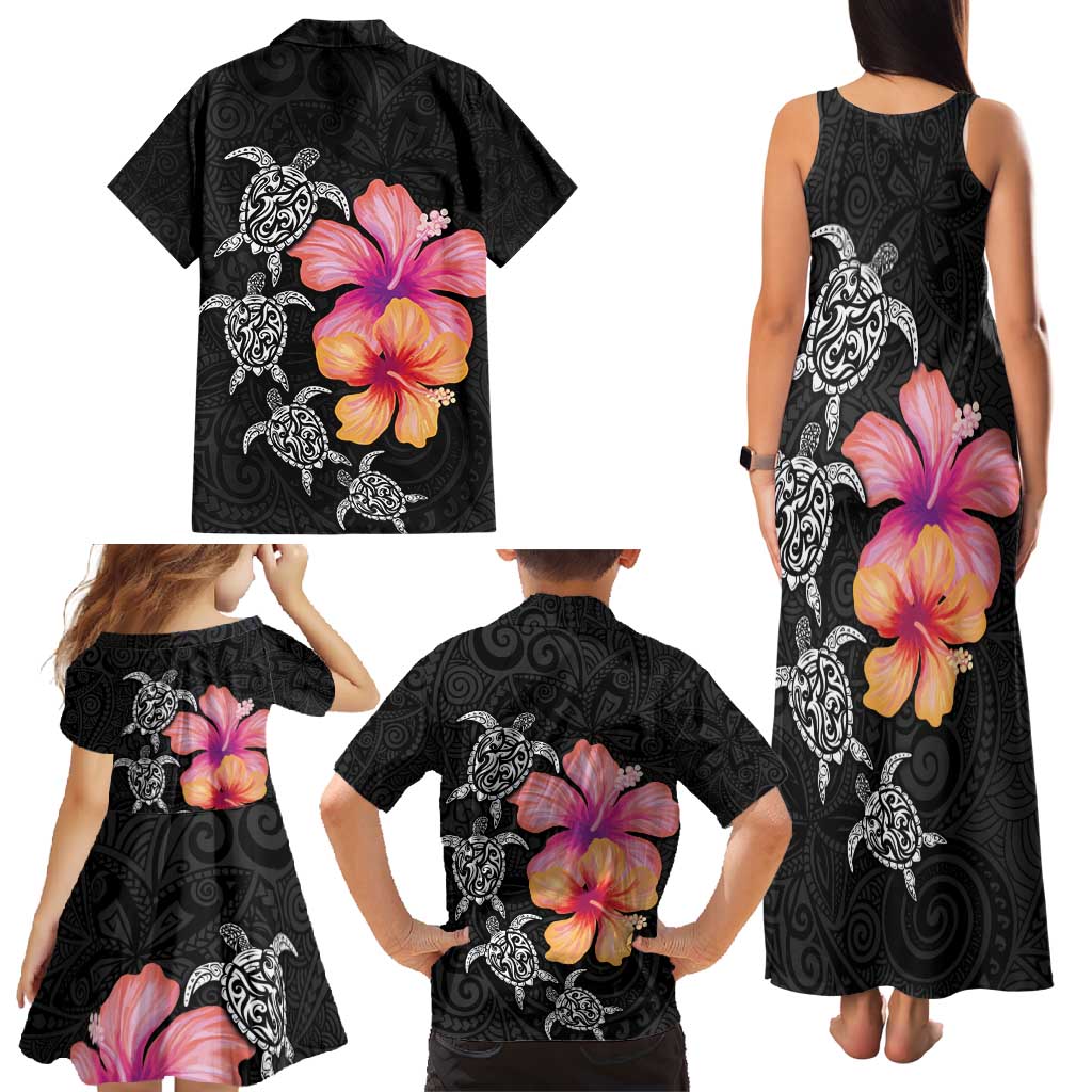 Hawaiian Hibiscus Turtle Tribal Polynesian Pattern Family Matching Tank Maxi Dress and Hawaiian Shirt Black Color LT03 - Polynesian Pride
