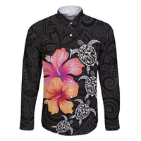 Hawaiian Hibiscus Turtle Tribal Polynesian Pattern Family Matching Tank Maxi Dress and Hawaiian Shirt Black Color LT03 Dad's Shirt - Long Sleeve Black - Polynesian Pride