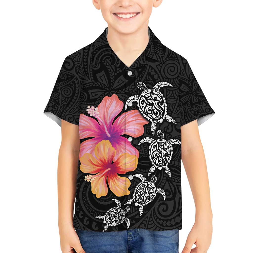 Hawaiian Hibiscus Turtle Tribal Polynesian Pattern Family Matching Tank Maxi Dress and Hawaiian Shirt Black Color LT03 Son's Shirt Black - Polynesian Pride
