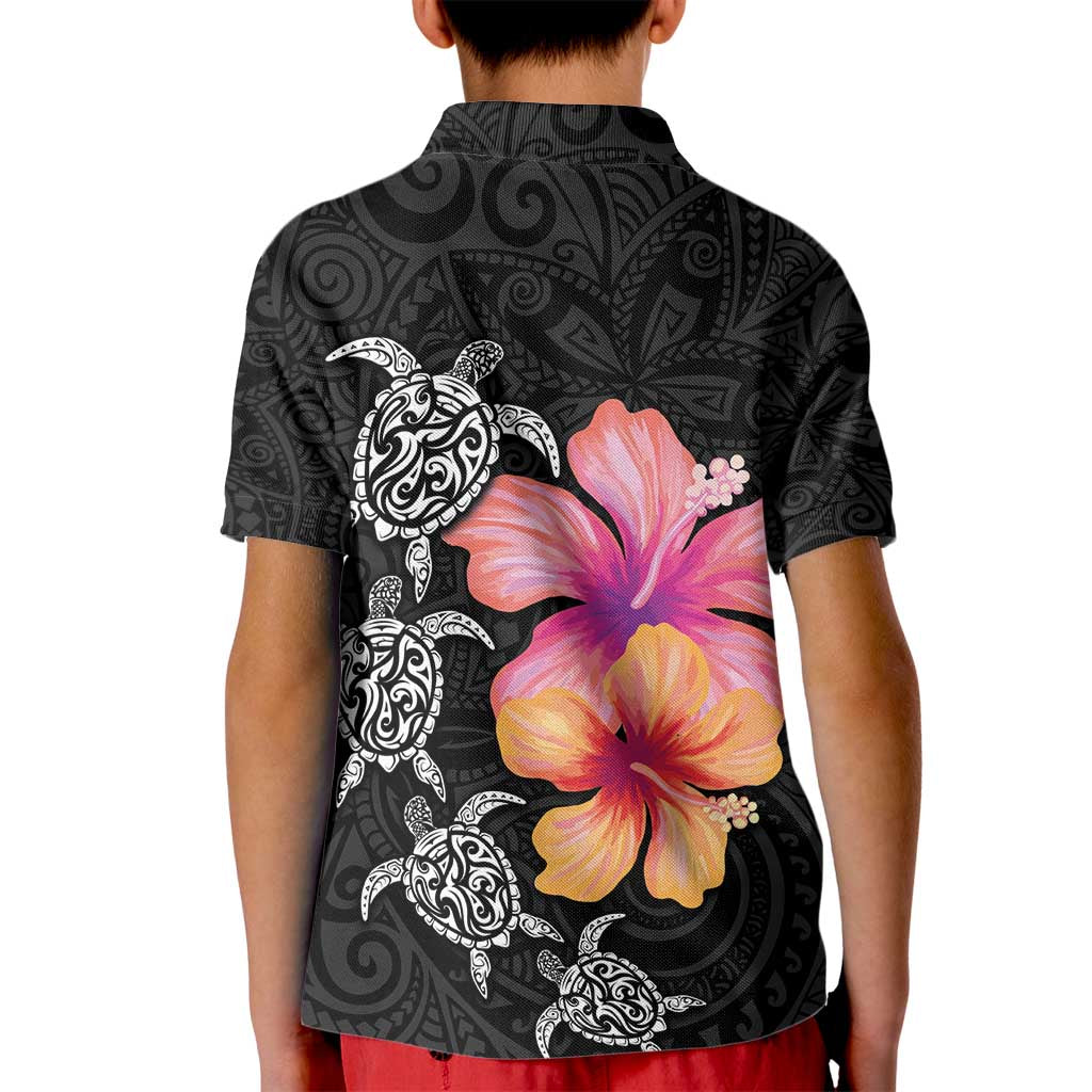 Hawaiian Hibiscus Turtle Tribal Polynesian Pattern Kid Polo Shirt Black Color