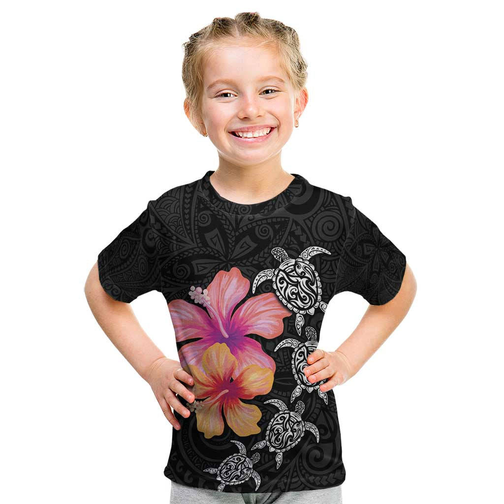 Hawaiian Hibiscus Turtle Tribal Polynesian Pattern Kid T Shirt Black Color
