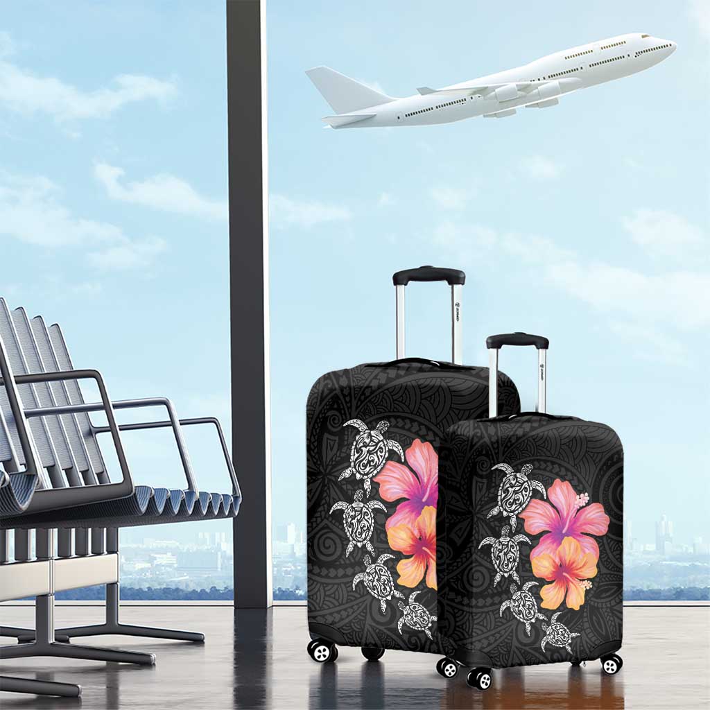 Hawaiian Hibiscus Turtle Tribal Polynesian Pattern Luggage Cover Black Color