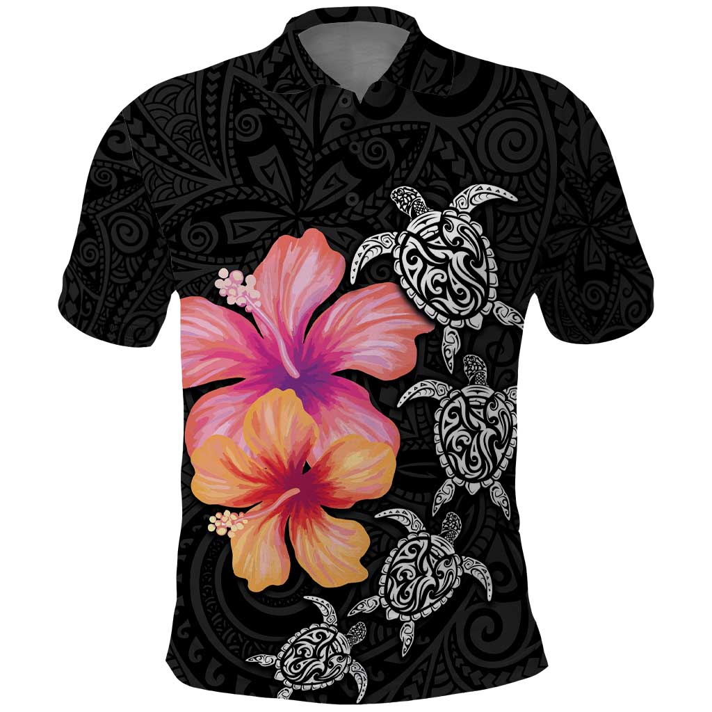 Hawaiian Hibiscus Turtle Tribal Polynesian Pattern Polo Shirt Black Color