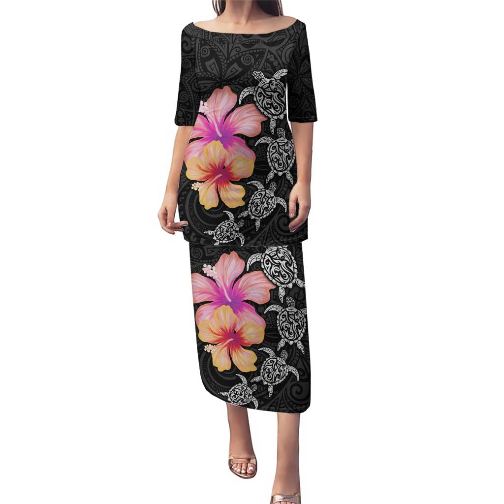 Hawaiian Hibiscus Turtle Tribal Polynesian Pattern Puletasi Black Color