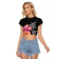 Hawaiian Hibiscus Turtle Tribal Polynesian Pattern Raglan Cropped T Shirt Black Color