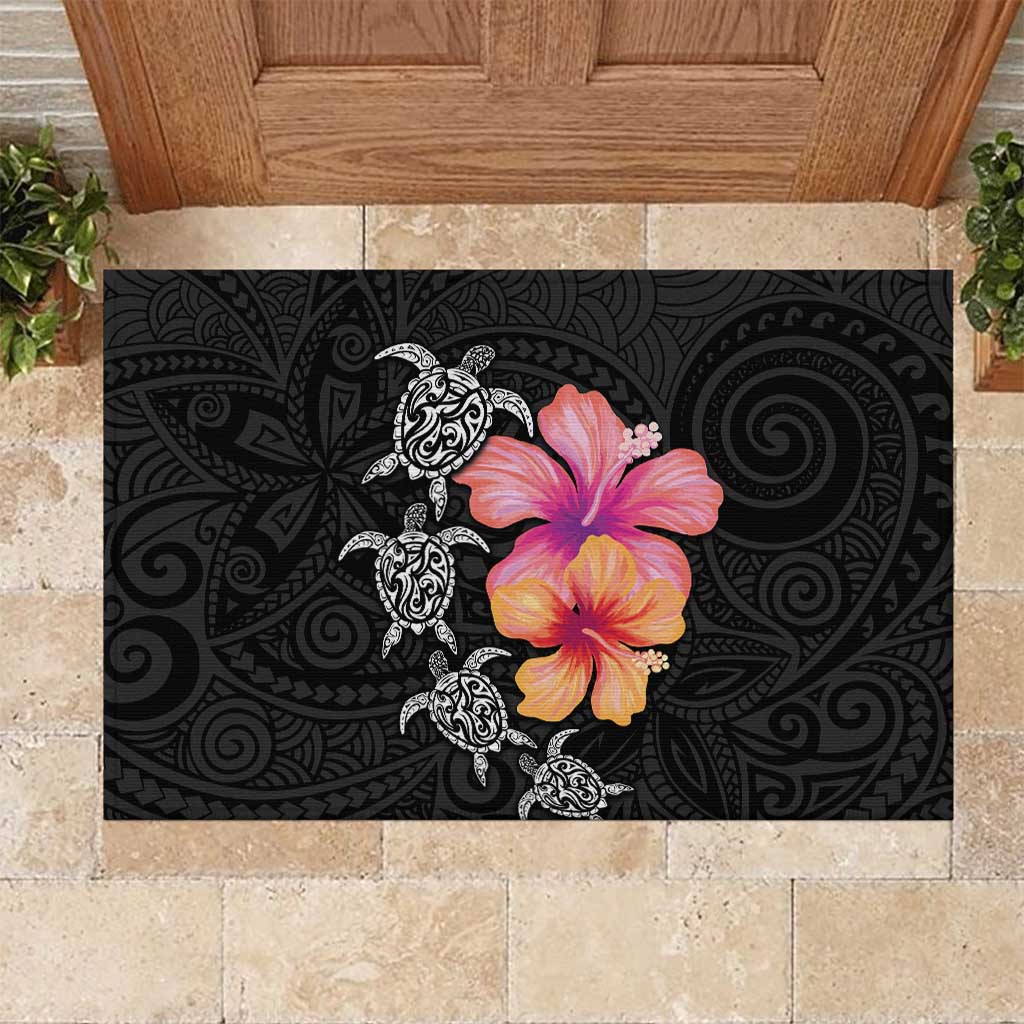 Hawaiian Hibiscus Turtle Tribal Polynesian Pattern Rubber Doormat Black Color