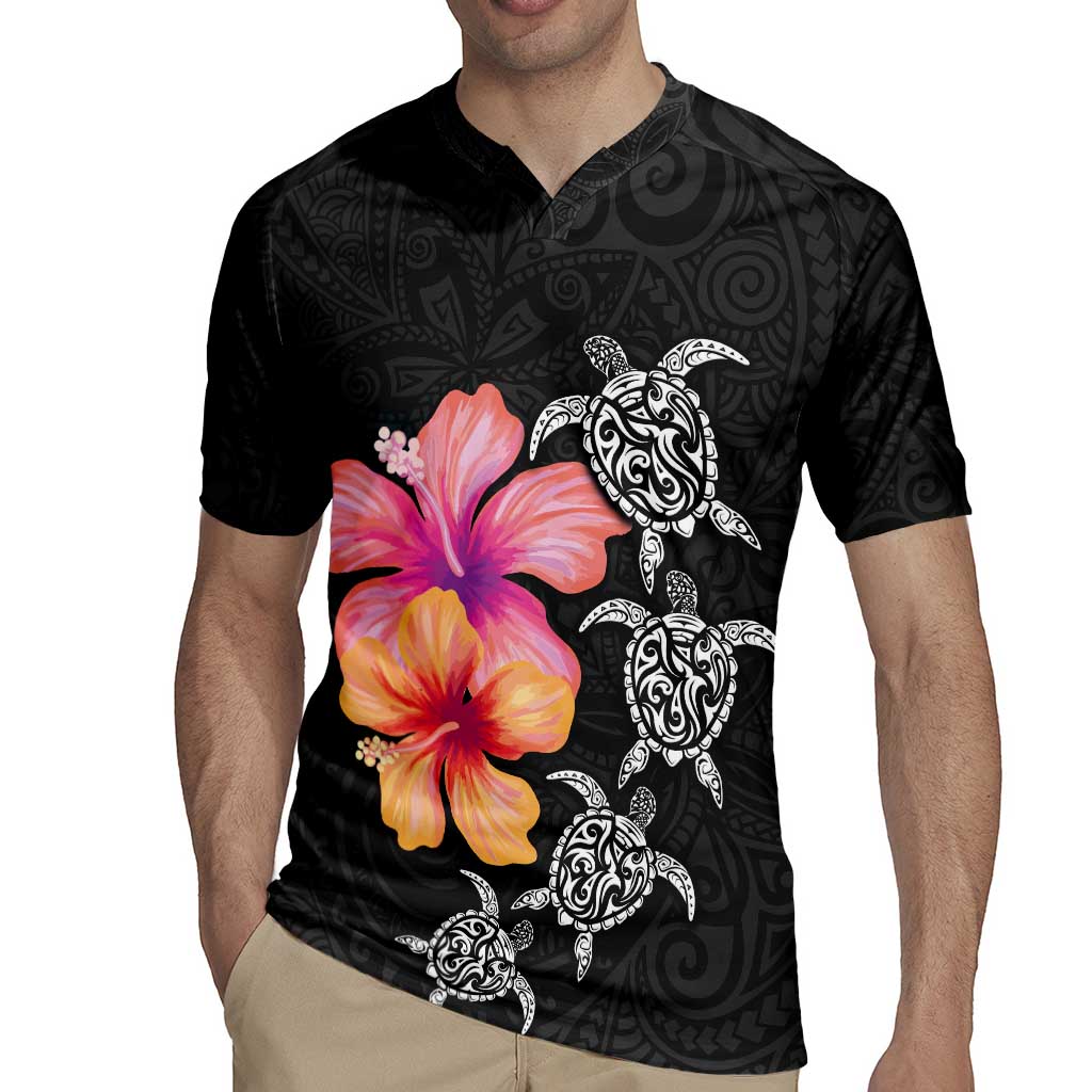 Hawaiian Hibiscus Turtle Tribal Polynesian Pattern Rugby Jersey Black Color