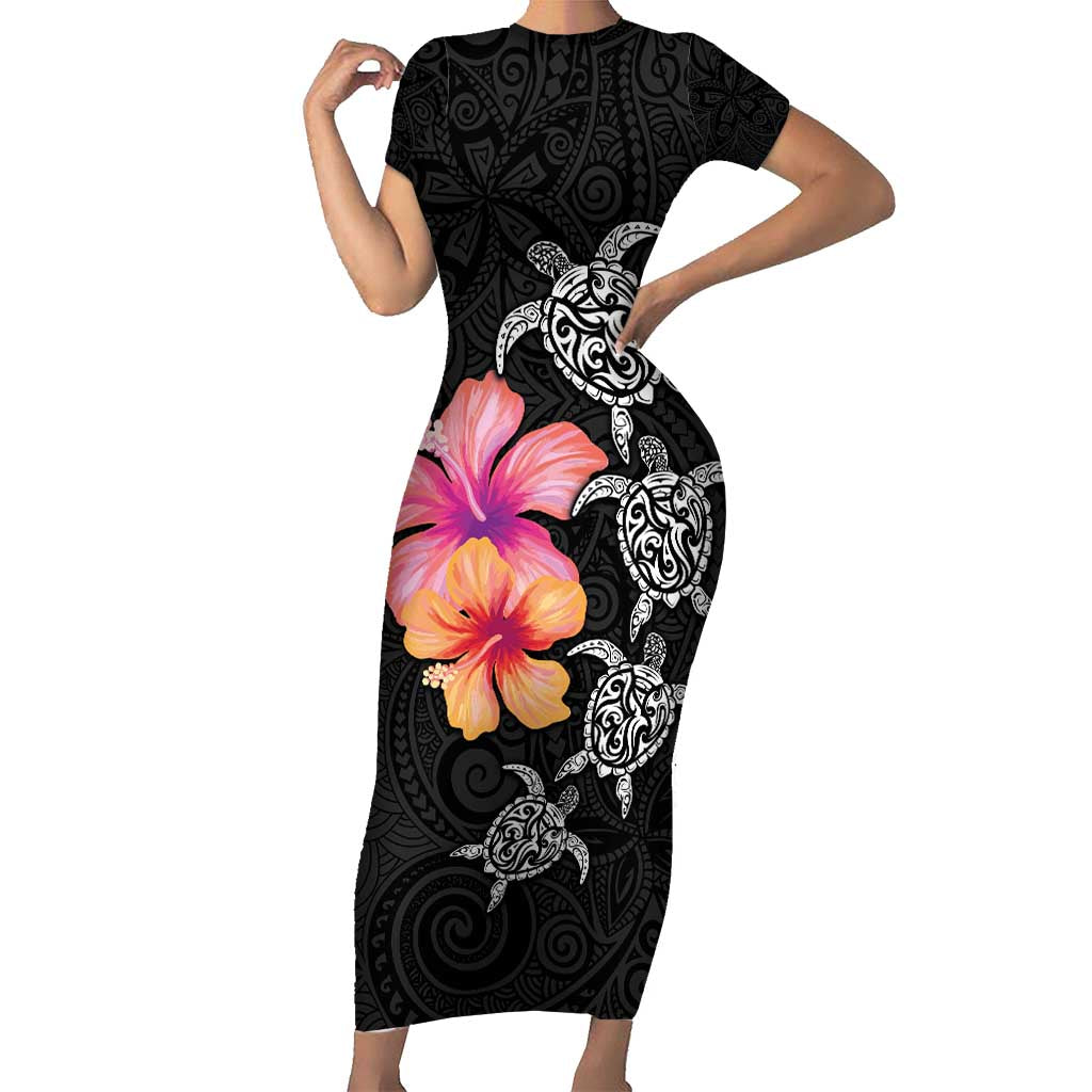 Hawaiian Hibiscus Turtle Tribal Polynesian Pattern Short Sleeve Bodycon Dress Black Color LT03 Long Dress Black - Polynesian Pride