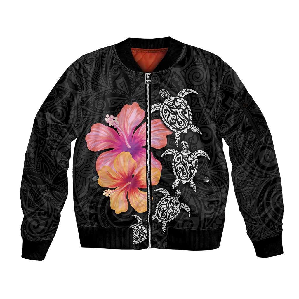 Hawaiian Hibiscus Turtle Tribal Polynesian Pattern Sleeve Zip Bomber Jacket Black Color LT03 Unisex Black - Polynesian Pride
