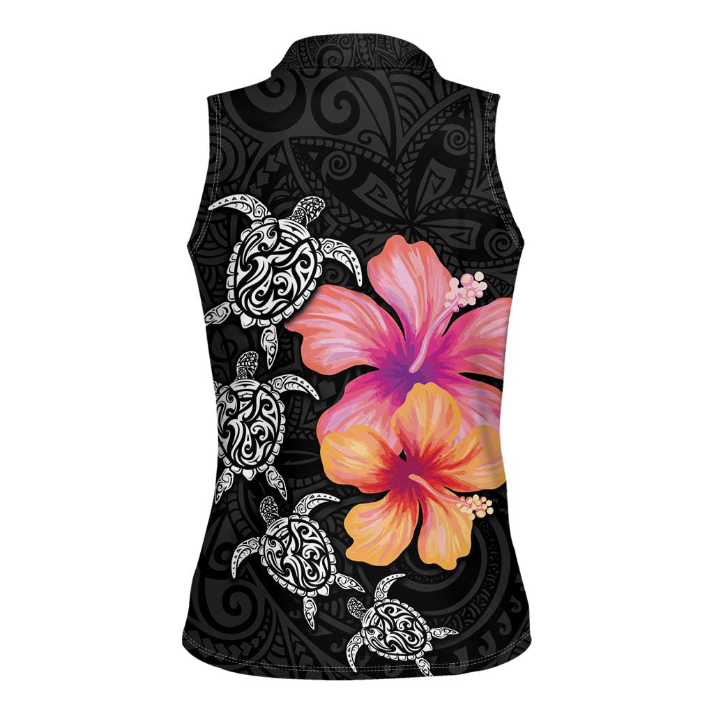Hawaiian Hibiscus Turtle Tribal Polynesian Pattern Women Sleeveless Polo Shirt Black Color