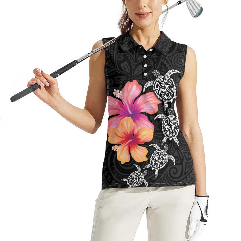 Hawaiian Hibiscus Turtle Tribal Polynesian Pattern Women Sleeveless Polo Shirt Black Color