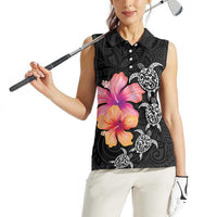 Hawaiian Hibiscus Turtle Tribal Polynesian Pattern Women Sleeveless Polo Shirt Black Color