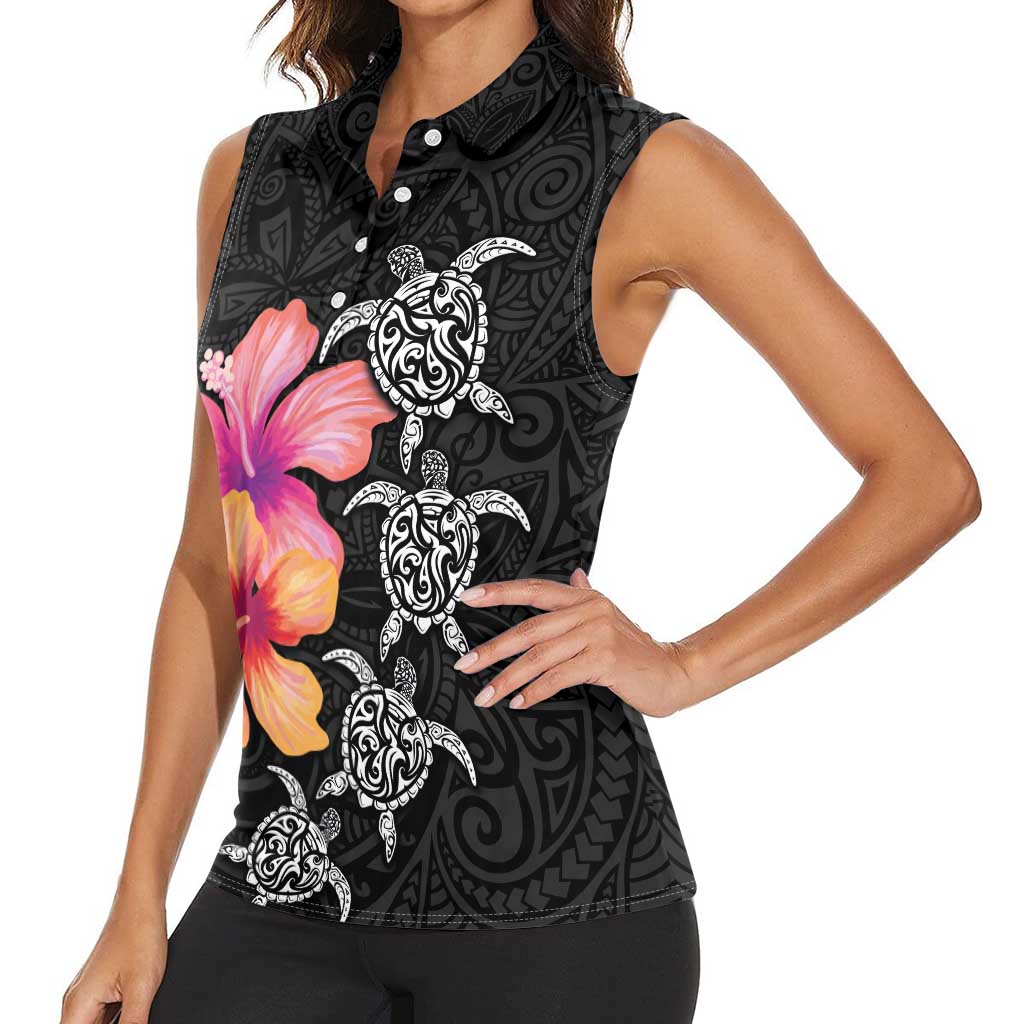 Hawaiian Hibiscus Turtle Tribal Polynesian Pattern Women Sleeveless Polo Shirt Black Color