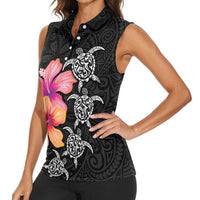 Hawaiian Hibiscus Turtle Tribal Polynesian Pattern Women Sleeveless Polo Shirt Black Color