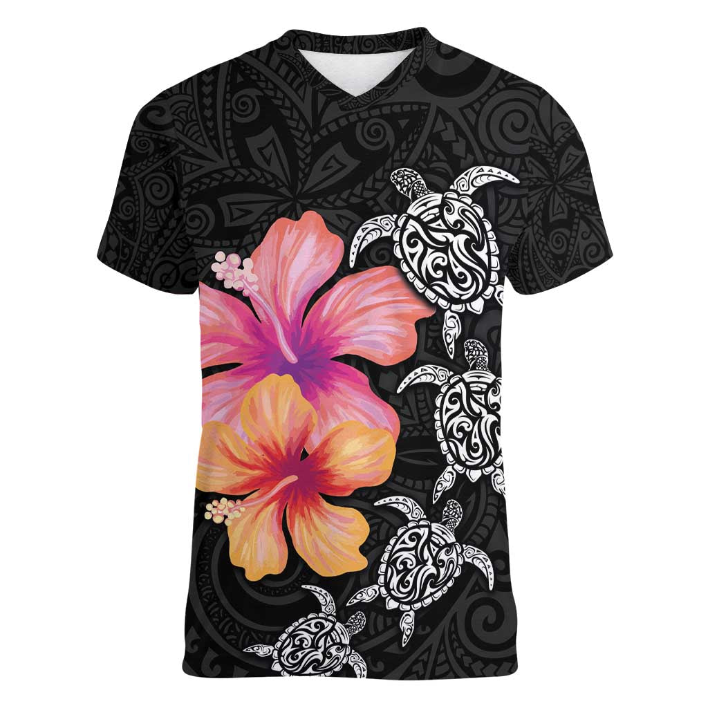 Hawaiian Hibiscus Turtle Tribal Polynesian Pattern Women V-Neck T-Shirt Black Color