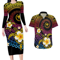 Hawaiian Plumeria Turtle Tribal Spiral Polynesian Tattoo Couples Matching Long Sleeve Bodycon Dress and Hawaiian Shirt Fanciful Color LT03 Gradient - Polynesian Pride