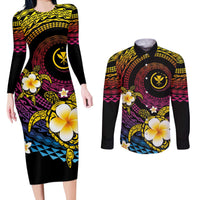 Hawaiian Plumeria Turtle Tribal Spiral Polynesian Tattoo Couples Matching Long Sleeve Bodycon Dress and Long Sleeve Button Shirt Fanciful Color LT03 Gradient - Polynesian Pride