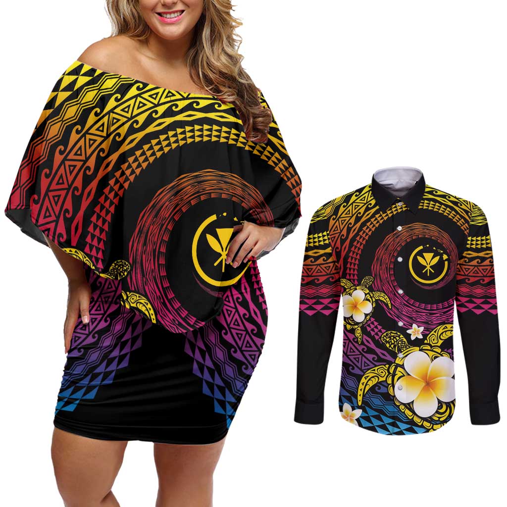 Hawaiian Plumeria Turtle Tribal Spiral Polynesian Tattoo Couples Matching Off Shoulder Short Dress and Long Sleeve Button Shirt Fanciful Color LT03 Gradient - Polynesian Pride