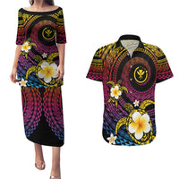 Hawaiian Plumeria Turtle Tribal Spiral Polynesian Tattoo Couples Matching Puletasi and Hawaiian Shirt Fanciful Color LT03 Gradient - Polynesian Pride