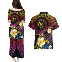 Hawaiian Plumeria Turtle Tribal Spiral Polynesian Tattoo Couples Matching Puletasi and Hawaiian Shirt Fanciful Color LT03 - Polynesian Pride