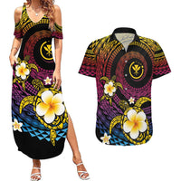 Hawaiian Plumeria Turtle Tribal Spiral Polynesian Tattoo Couples Matching Summer Maxi Dress and Hawaiian Shirt Fanciful Color LT03 Gradient - Polynesian Pride