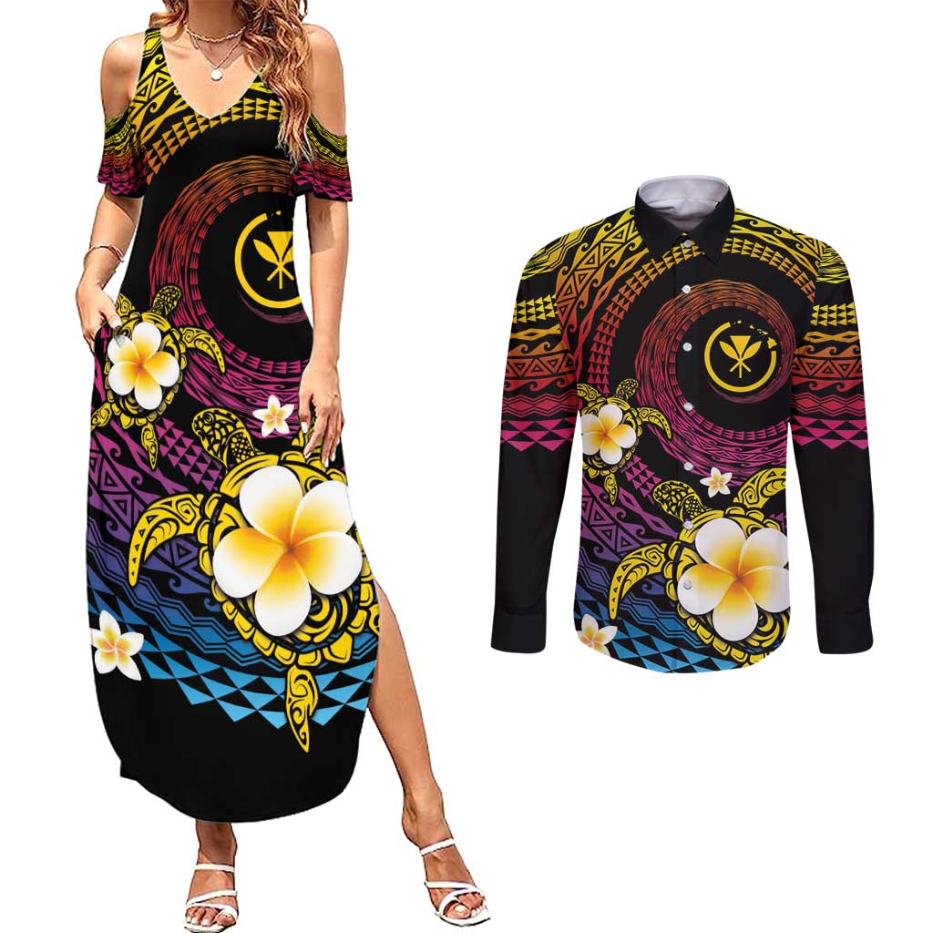 Hawaiian Plumeria Turtle Tribal Spiral Polynesian Tattoo Couples Matching Summer Maxi Dress and Long Sleeve Button Shirt Fanciful Color LT03 Gradient - Polynesian Pride