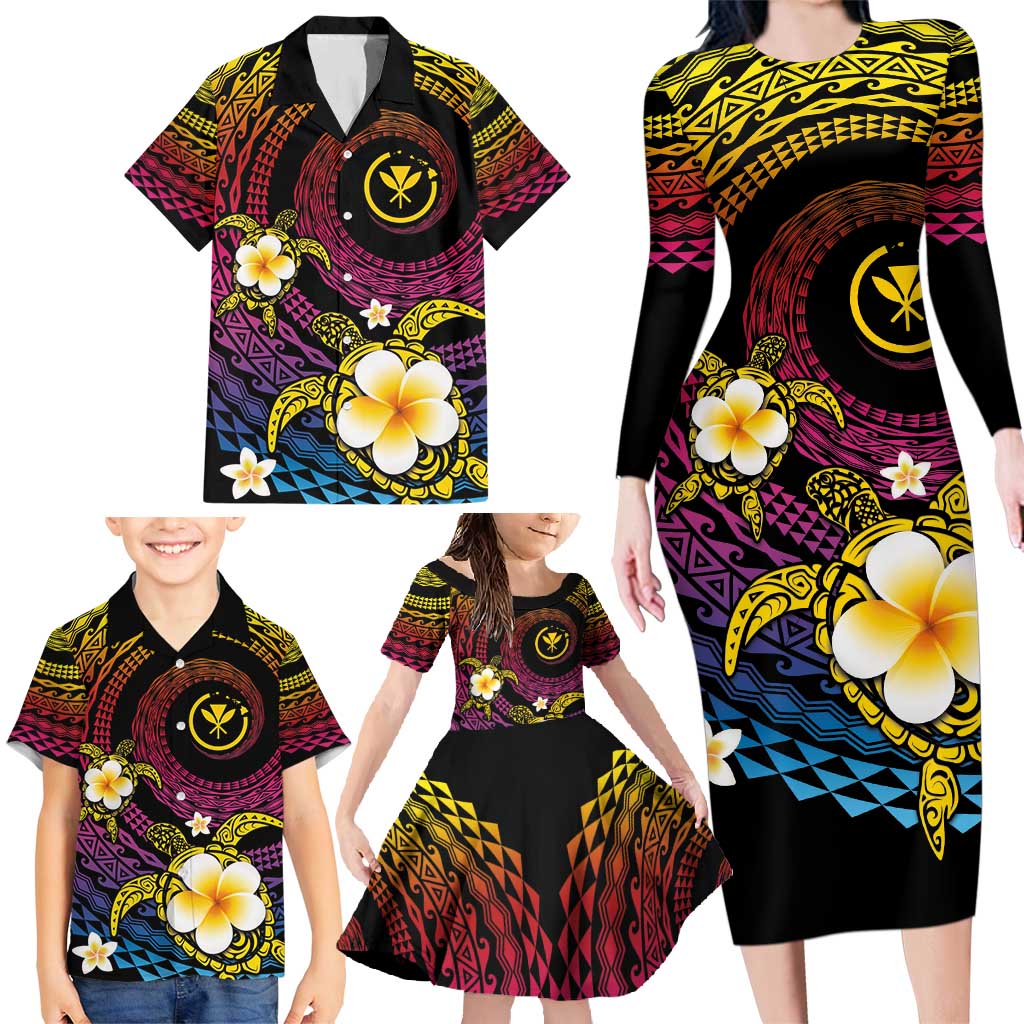 Hawaiian Plumeria Turtle Tribal Spiral Polynesian Tattoo Family Matching Long Sleeve Bodycon Dress and Hawaiian Shirt Fanciful Color LT03 - Polynesian Pride